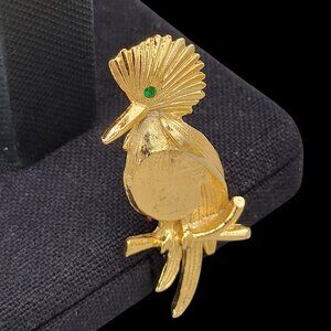 Gold Tone Metal Kingfisher Bird Brooch Green Crystal Eye Length 2"